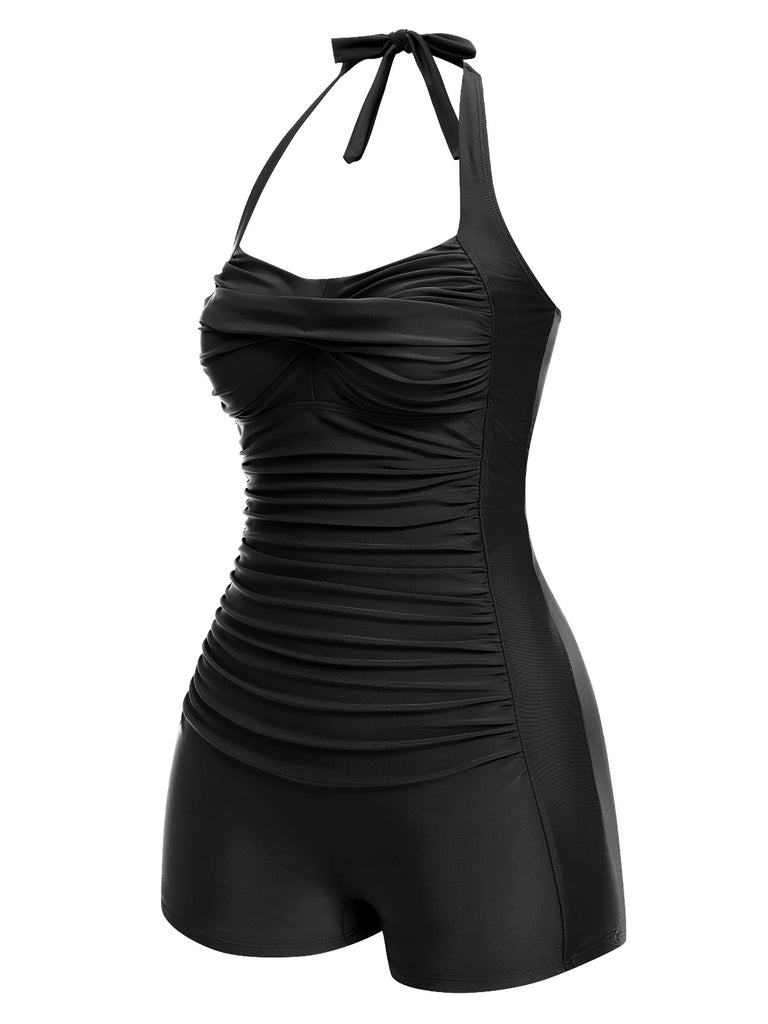 Black 1950s Solid Halter Boxer One-Piece Swimsuit - vintage swimwear, retro beach style for women