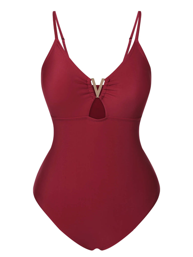 1950s Solid Hollow V-Neck One-Piece Swimsuit, vintage swimsuit, pin-up swimwear - perfect for women who love vintage and retro fashion