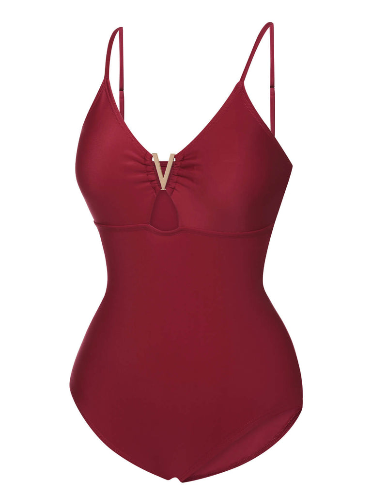 1950s Solid Hollow V-Neck One-Piece Swimsuit, vintage swimsuit, pin-up swimwear - perfect for women who love vintage and retro fashion