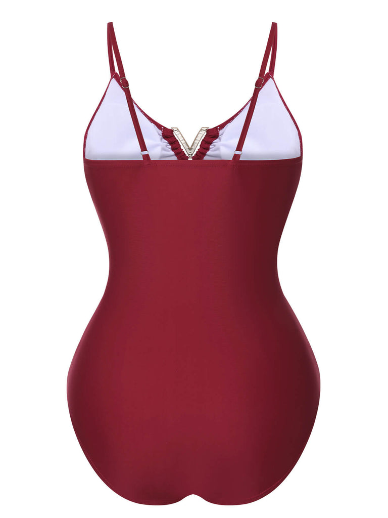 1950s Solid Hollow V-Neck One-Piece Swimsuit, vintage swimsuit, pin-up swimwear - perfect for women who love vintage and retro fashion