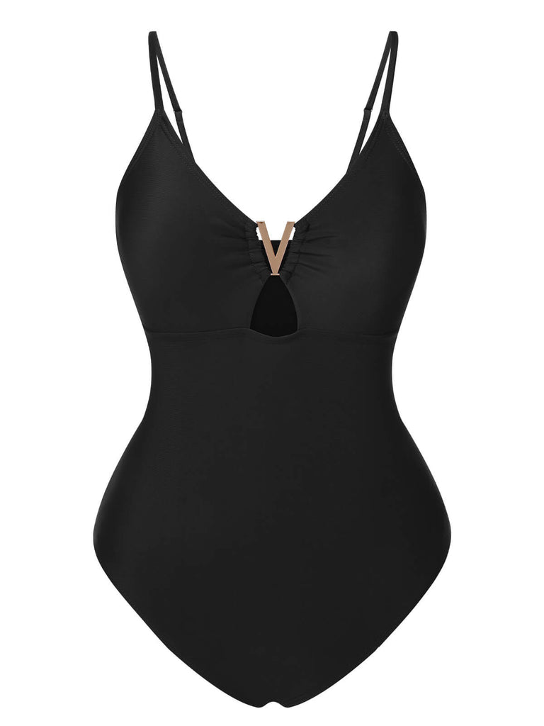 1950s Solid Hollow V-Neck One-Piece Swimsuit, vintage swimsuit, pin-up swimwear - perfect for women who love vintage and retro fashion