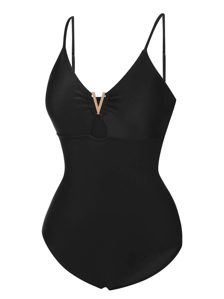 1950s Solid Hollow V-Neck One-Piece Swimsuit, vintage swimsuit, pin-up swimwear - perfect for women who love vintage and retro fashion