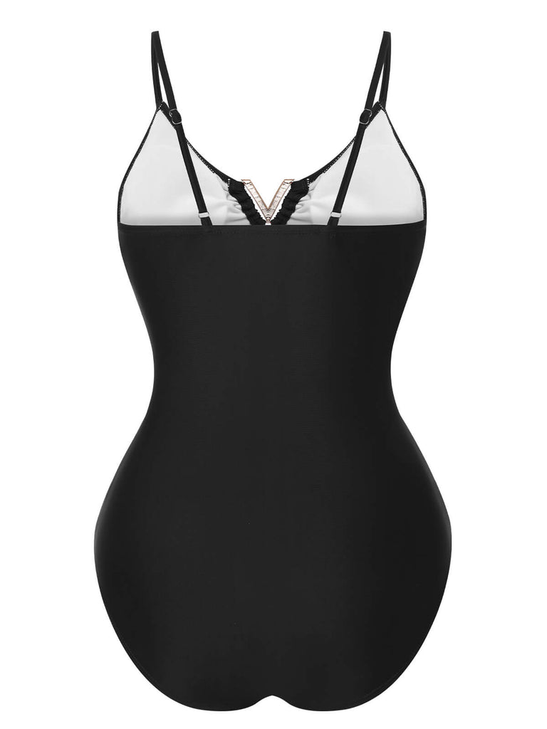 1950s Solid Hollow V-Neck One-Piece Swimsuit, vintage swimsuit, pin-up swimwear - perfect for women who love vintage and retro fashion