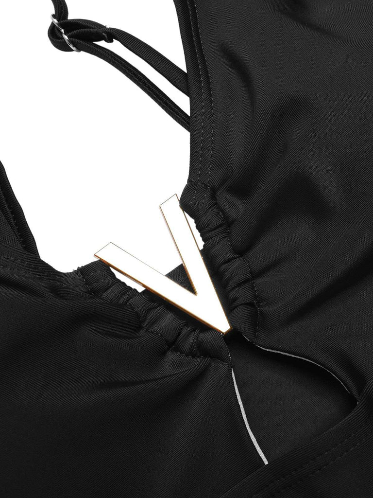 1950s Solid Hollow V-Neck One-Piece Swimsuit, vintage swimsuit, pin-up swimwear - perfect for women who love vintage and retro fashion