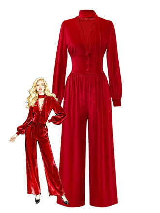 1950s Solid Keyhole High Neck Velvet Jumpsuit - vintage jumpsuit, retro fashion