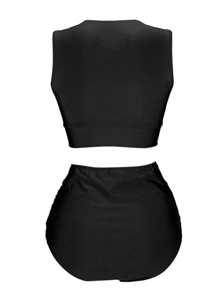 1950s Solid Lace-Up Crewl Neck Swimsuit, vintage swimsuit, pin-up swimwear - perfect for women who love vintage and retro fashion