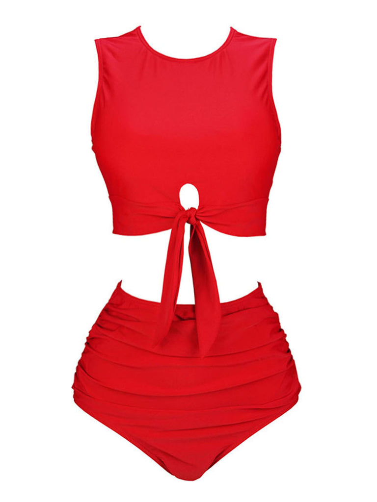 1950s Solid Lace-Up Crewl Neck Swimsuit, vintage swimsuit, pin-up swimwear - perfect for women who love vintage and retro fashion