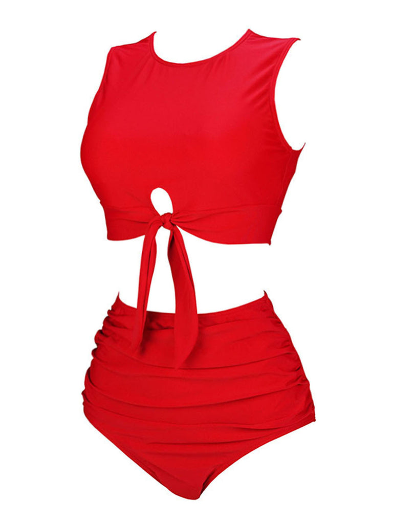 1950s Solid Lace-Up Crewl Neck Swimsuit, vintage swimsuit, pin-up swimwear - perfect for women who love vintage and retro fashion