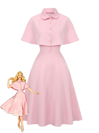 1950s Solid Lapel Capelet Dress - vintage dress, retro fashion, rockabilly