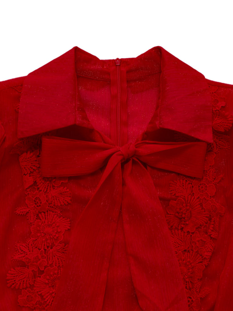 1950s Solid Lapel Floral Lace Tie Neck Jumpsuit - vintage jumpsuit, retro fashion