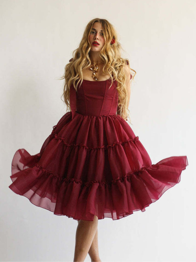 Retro Stage Burgundy Tulle Tiered Coquette Balletcore Babydoll Dress Retro Stage Burgundy Tulle Tiered Coquette Balletcore Babydoll Dress