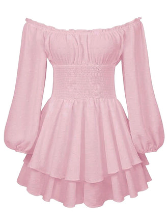 1950s Solid Off-Shoulder Long-Sleeve Smocked Mini Dress - vintage dress, retro fashion, elegant style for vintage lovers