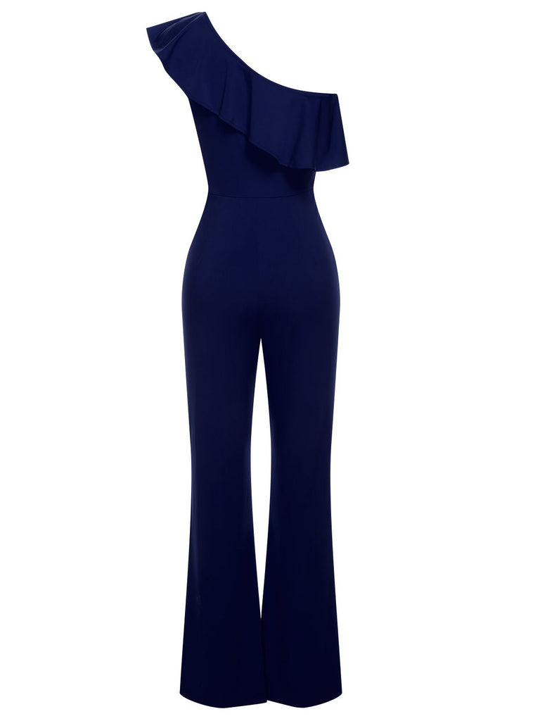 1950s Solid One Shoulder Ruffled Jumpsuit, vintage romper, retro jumpsuit - perfect for women who love vintage and retro fashion