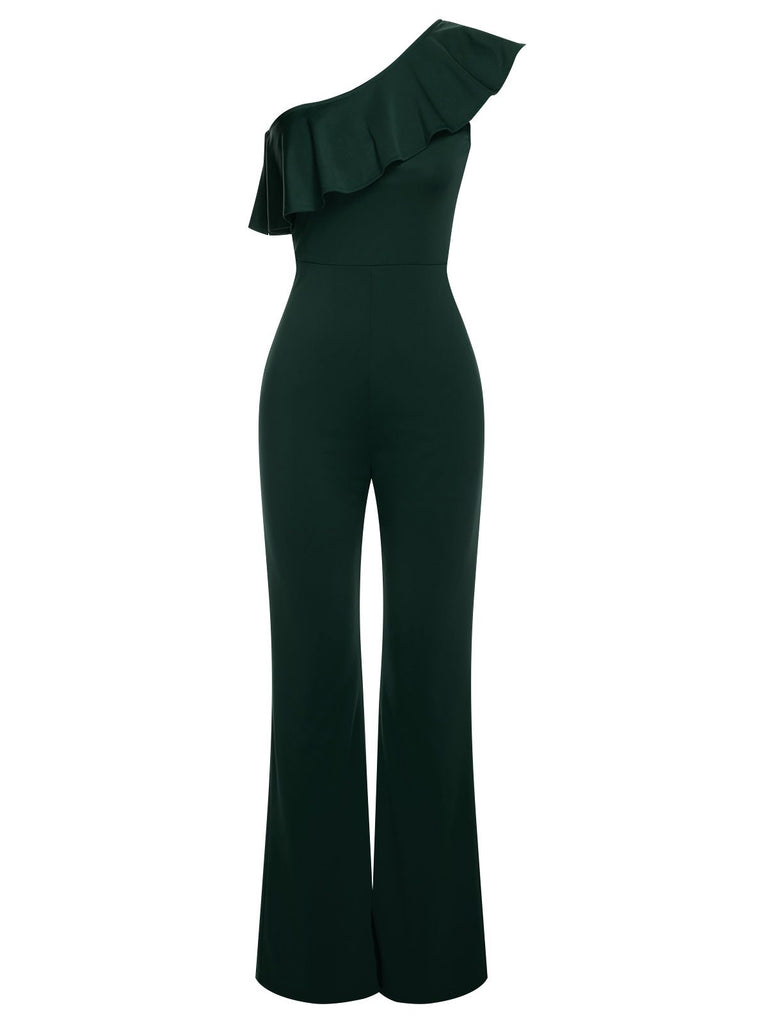 1950s Solid One Shoulder Ruffled Jumpsuit, vintage romper, retro jumpsuit - perfect for women who love vintage and retro fashion
