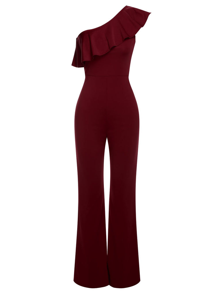 1950s Solid One Shoulder Ruffled Jumpsuit, vintage romper, retro jumpsuit - perfect for women who love vintage and retro fashion