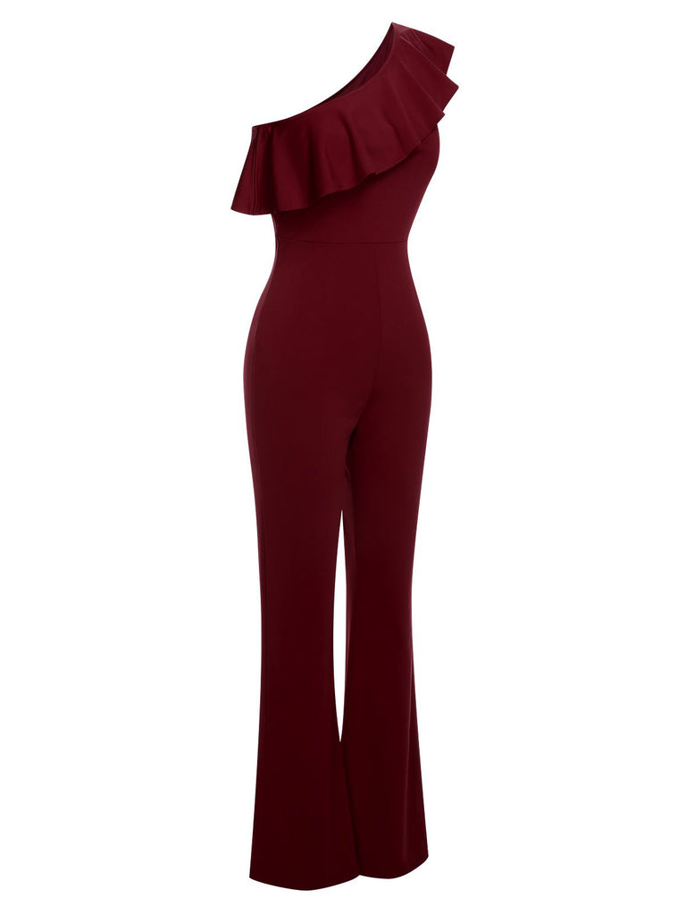 1950s Solid One Shoulder Ruffled Jumpsuit, vintage romper, retro jumpsuit - perfect for women who love vintage and retro fashion