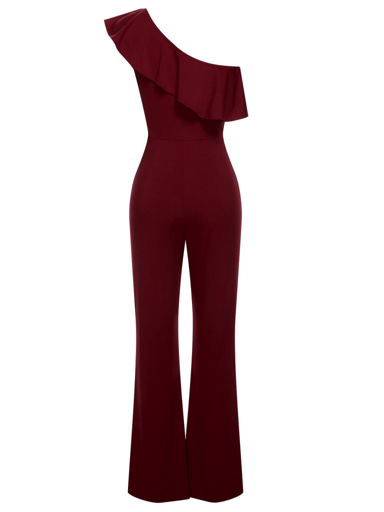 1950s Solid One Shoulder Ruffled Jumpsuit, vintage romper, retro jumpsuit - perfect for women who love vintage and retro fashion