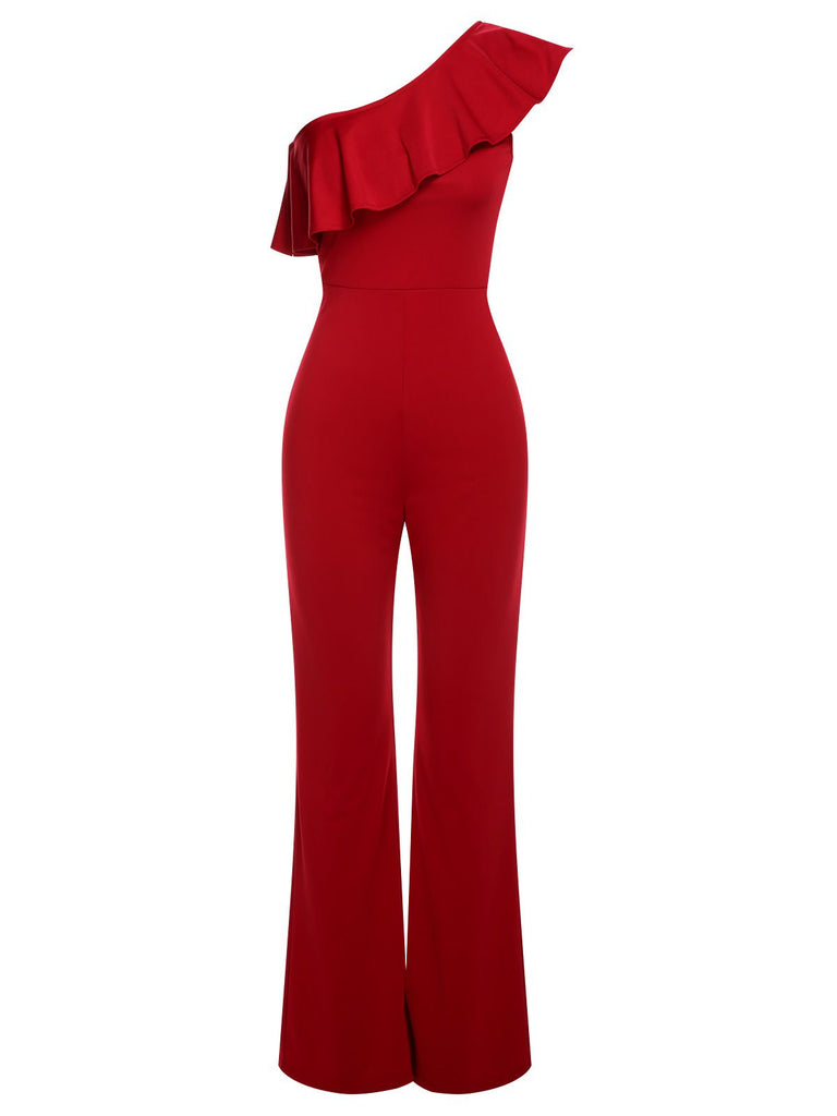 1950s Solid One Shoulder Ruffled Jumpsuit, vintage romper, retro jumpsuit - perfect for women who love vintage and retro fashion