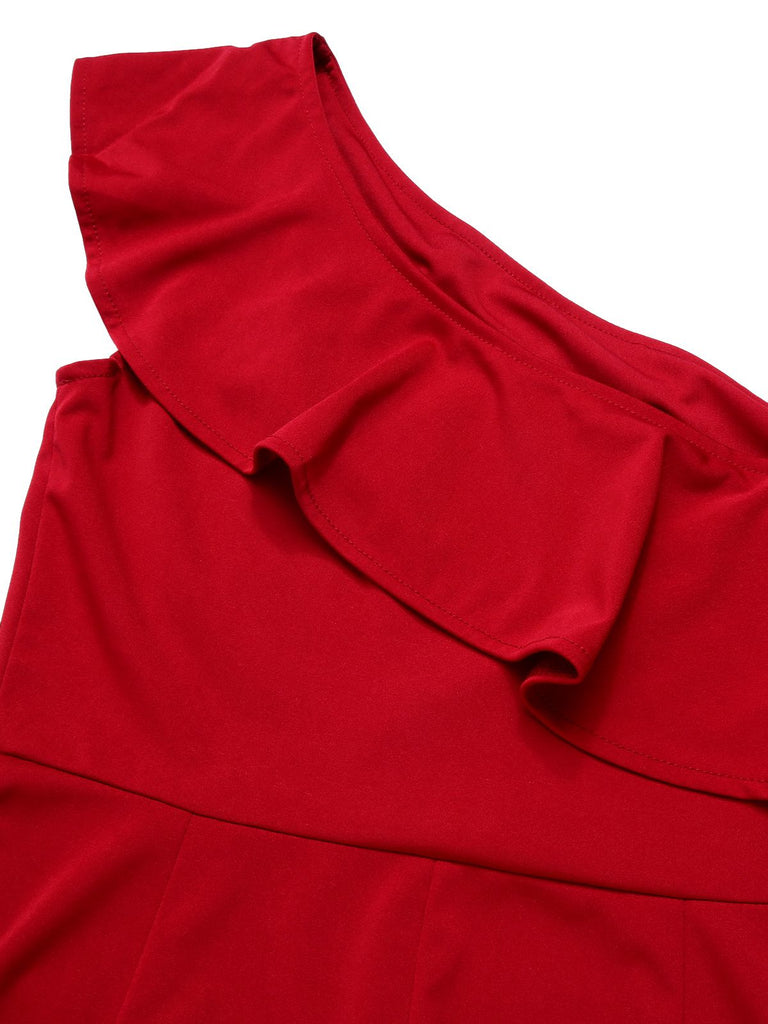 1950s Solid One Shoulder Ruffled Jumpsuit, vintage romper, retro jumpsuit - perfect for women who love vintage and retro fashion