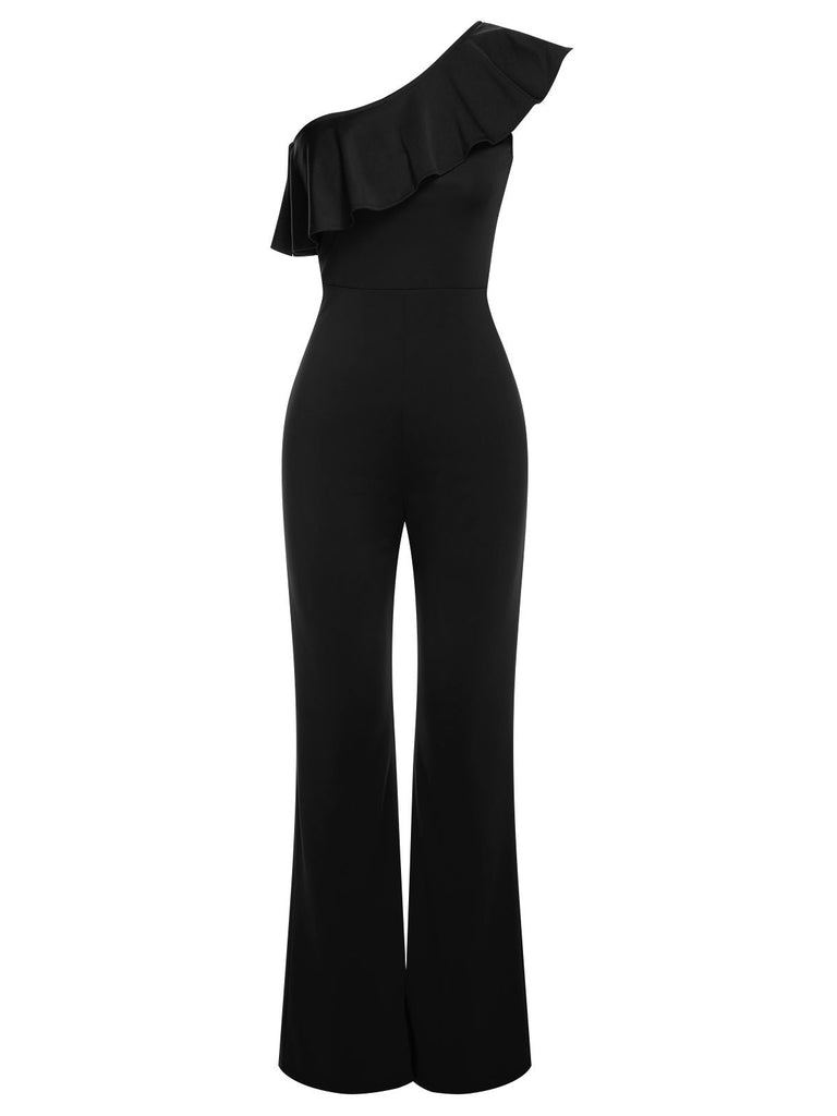 1950s Solid One Shoulder Ruffled Jumpsuit, vintage romper, retro jumpsuit - perfect for women who love vintage and retro fashion