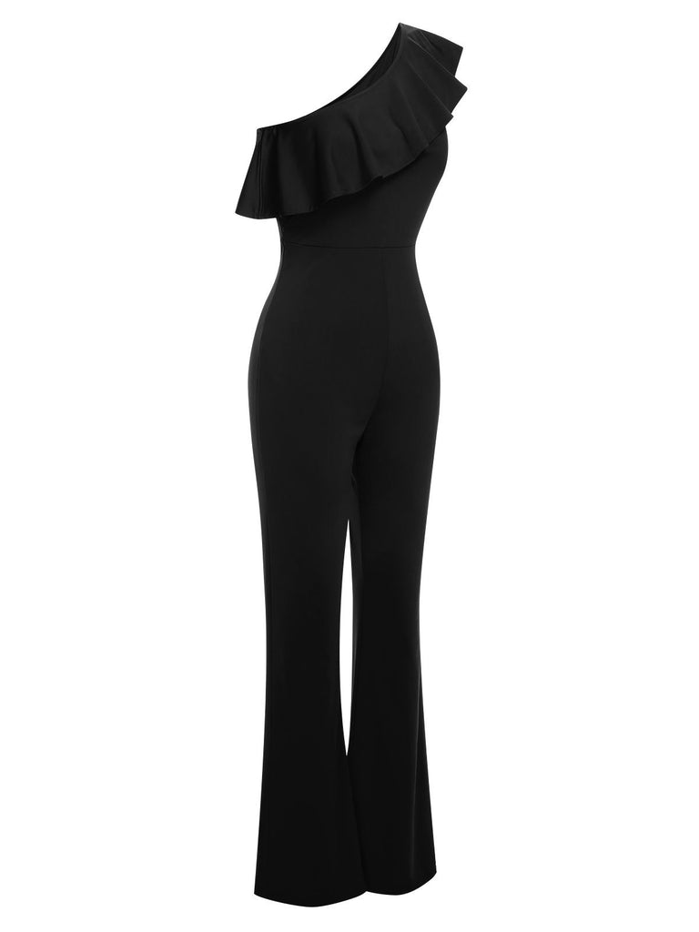 1950s Solid One Shoulder Ruffled Jumpsuit, vintage romper, retro jumpsuit - perfect for women who love vintage and retro fashion