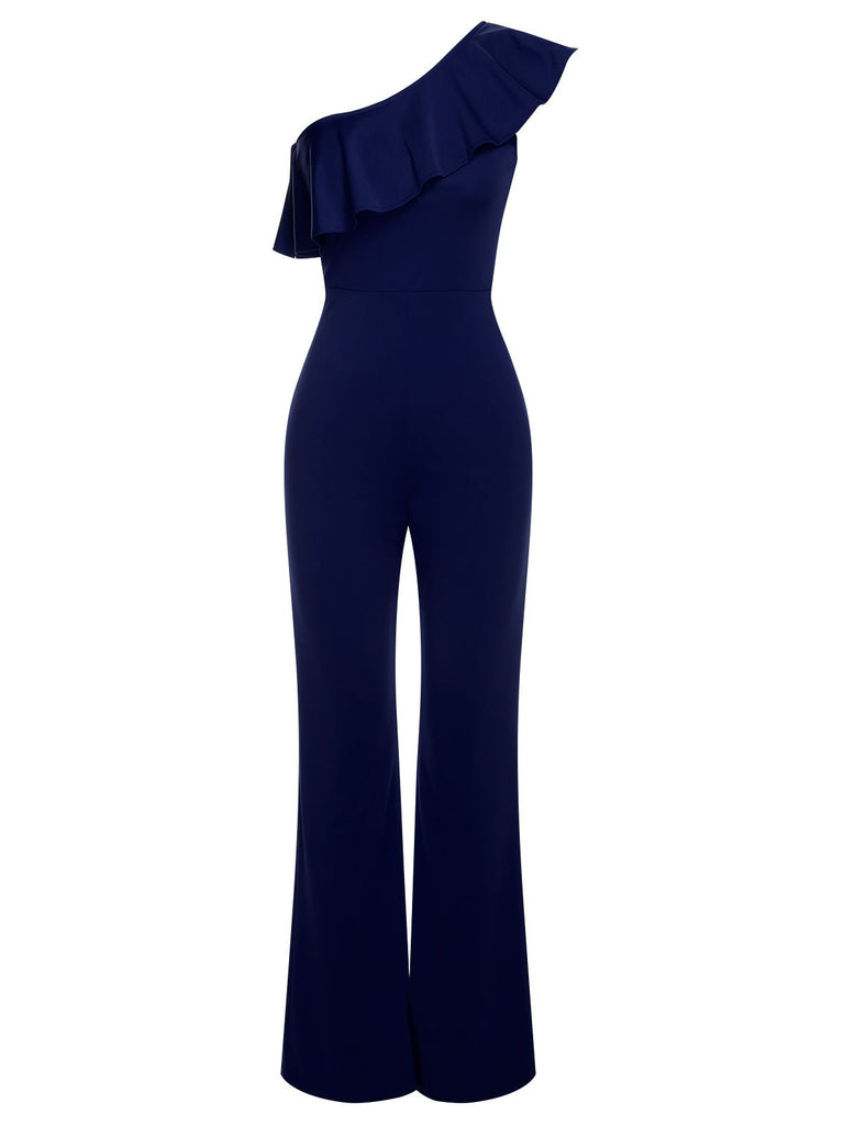 1950s Solid One Shoulder Ruffled Jumpsuit, vintage romper, retro jumpsuit - perfect for women who love vintage and retro fashion