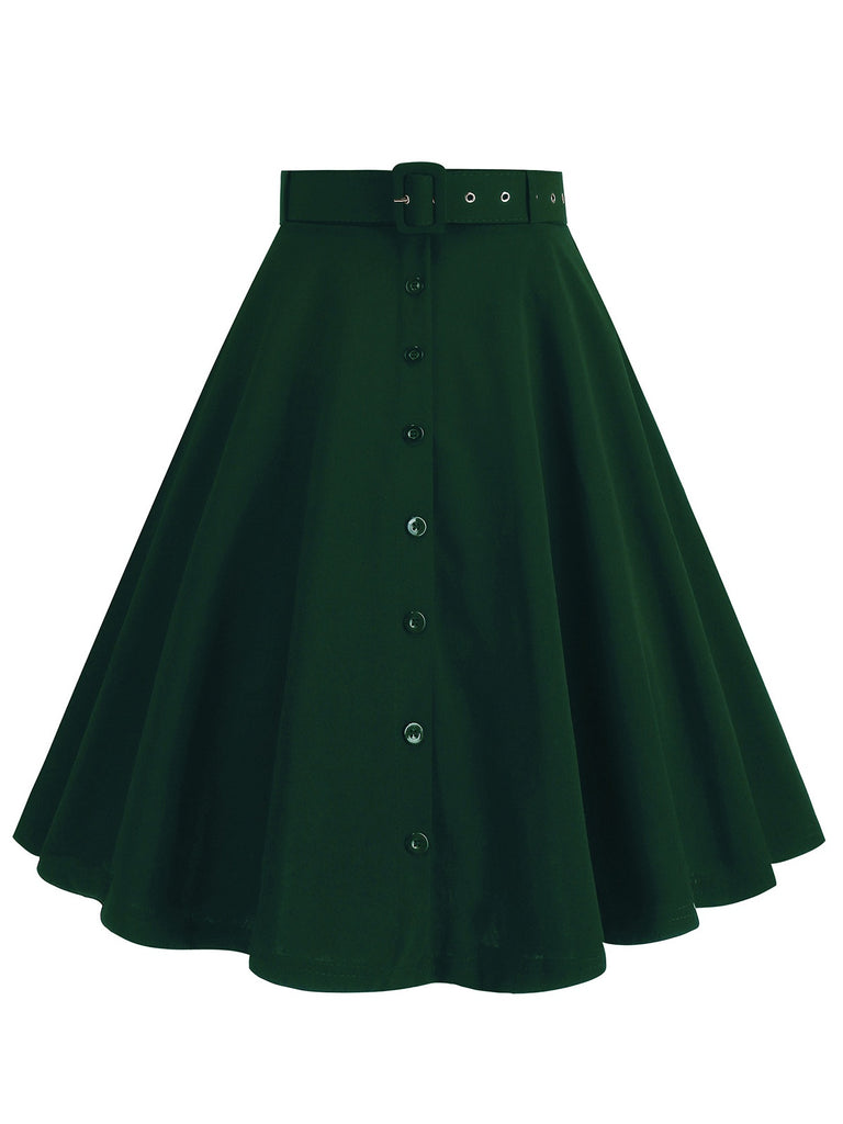 1950s Solid Pleated Button Belted Skirt: 1950s grace for the woman who dances through life