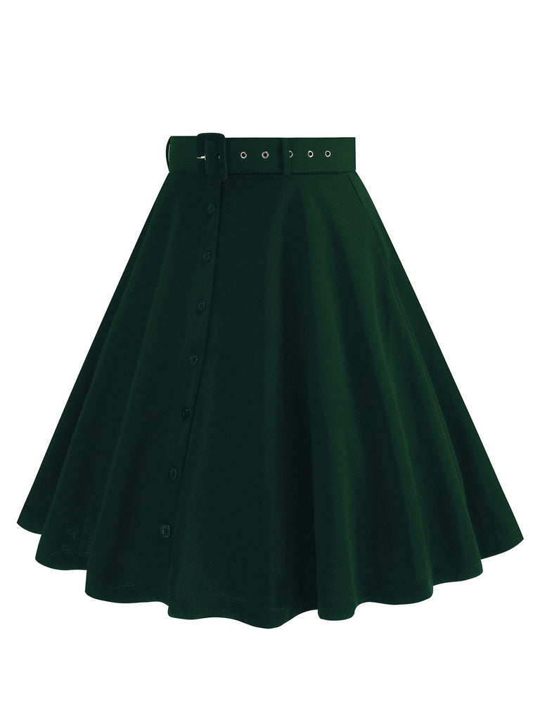 This 1950s Solid Pleated Button Belted Skirt spins 1950s stories with every step