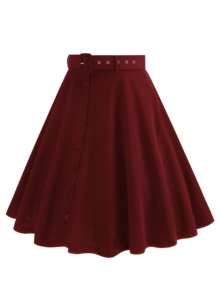 1950s Solid Pleated Button Belted Skirt: 1950s grace for the woman who dances through life
