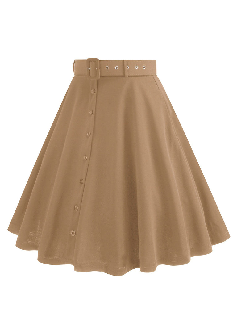 1950s Solid Pleated Button Belted Skirt: 1950s grace for the woman who dances through life