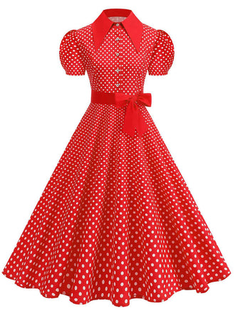1950s Solid Polka Dot Shirt Collar Belted Swing Dress - vintage dress, retro fashion, elegant style for vintage lovers