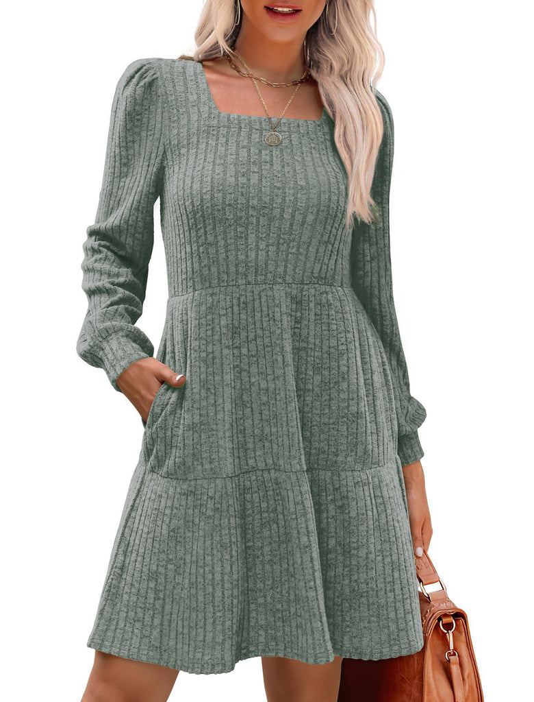 1950s Solid Ribbed Square Neck Long-Sleeve Dress - vintage dress, retro fashion, rockabilly