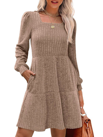 1950s Solid Ribbed Square Neck Long-Sleeve Dress - vintage dress, retro fashion, rockabilly