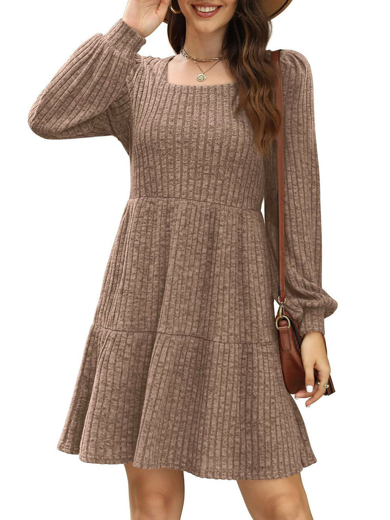 1950s Solid Ribbed Square Neck Long-Sleeve Dress - vintage dress, retro fashion, rockabilly