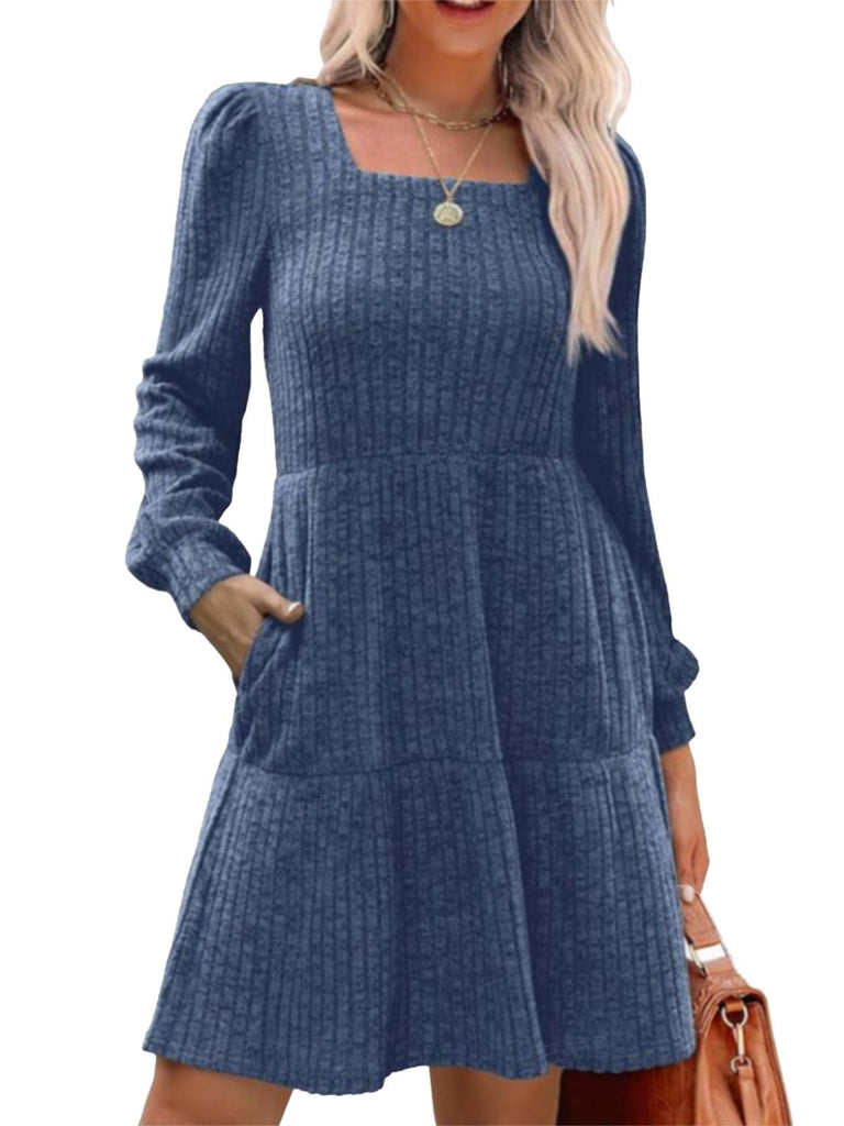 1950s Solid Ribbed Square Neck Long-Sleeve Dress - vintage dress, retro fashion, rockabilly
