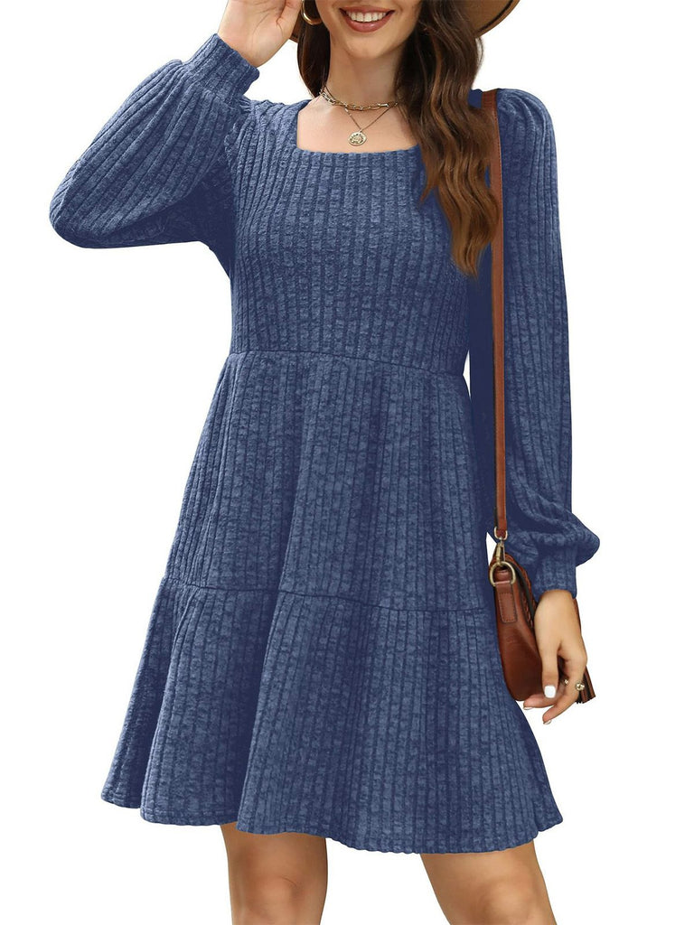 1950s Solid Ribbed Square Neck Long-Sleeve Dress - vintage dress, retro fashion, rockabilly