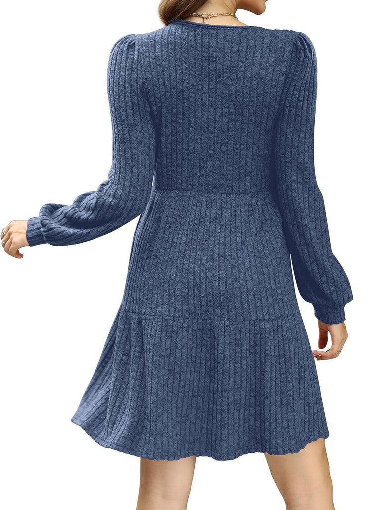 1950s Solid Ribbed Square Neck Long-Sleeve Dress - vintage dress, retro fashion, rockabilly