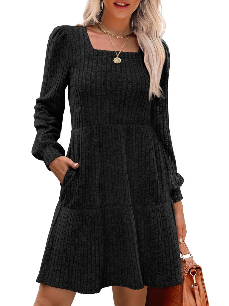 1950s Solid Ribbed Square Neck Long-Sleeve Dress - vintage dress, retro fashion, rockabilly