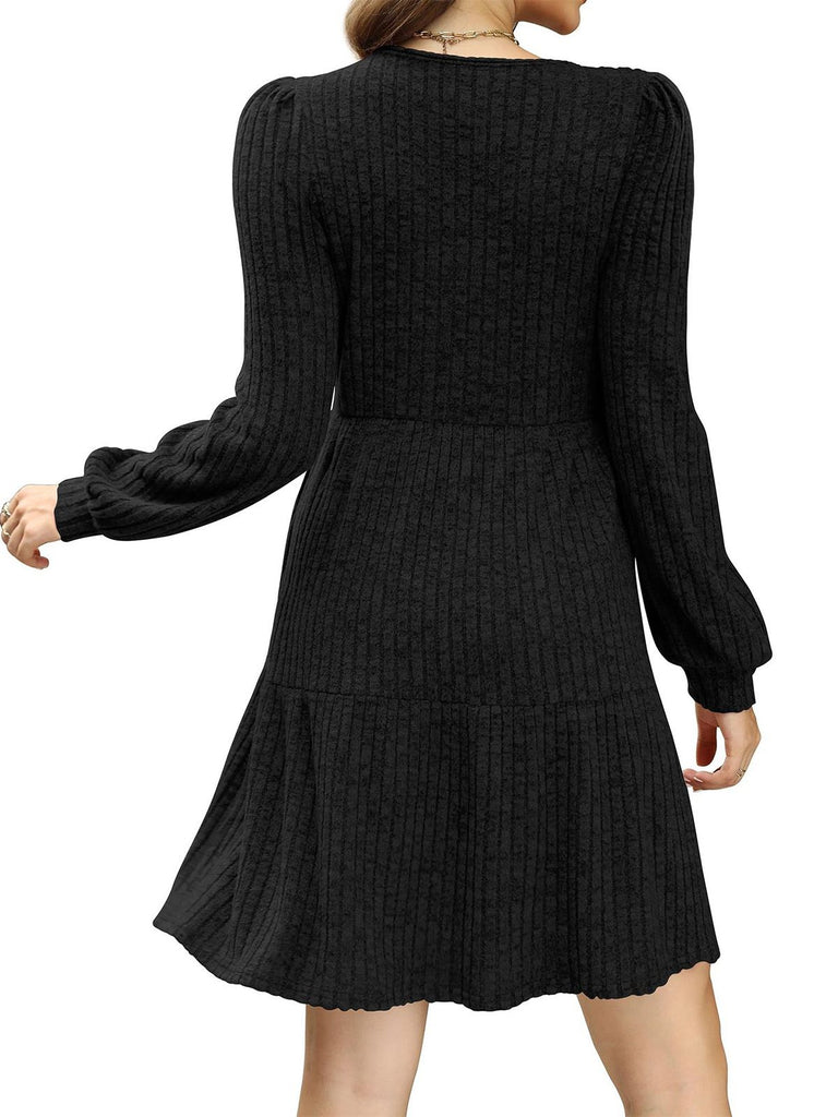 1950s Solid Ribbed Square Neck Long-Sleeve Dress - vintage dress, retro fashion, rockabilly