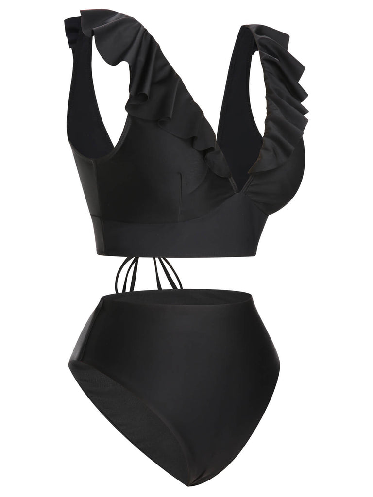 1950s Solid Ruffle Lace-Up V-Neck Swimsuit, vintage swimsuit, pin-up swimwear - perfect for women who love vintage and retro fashion