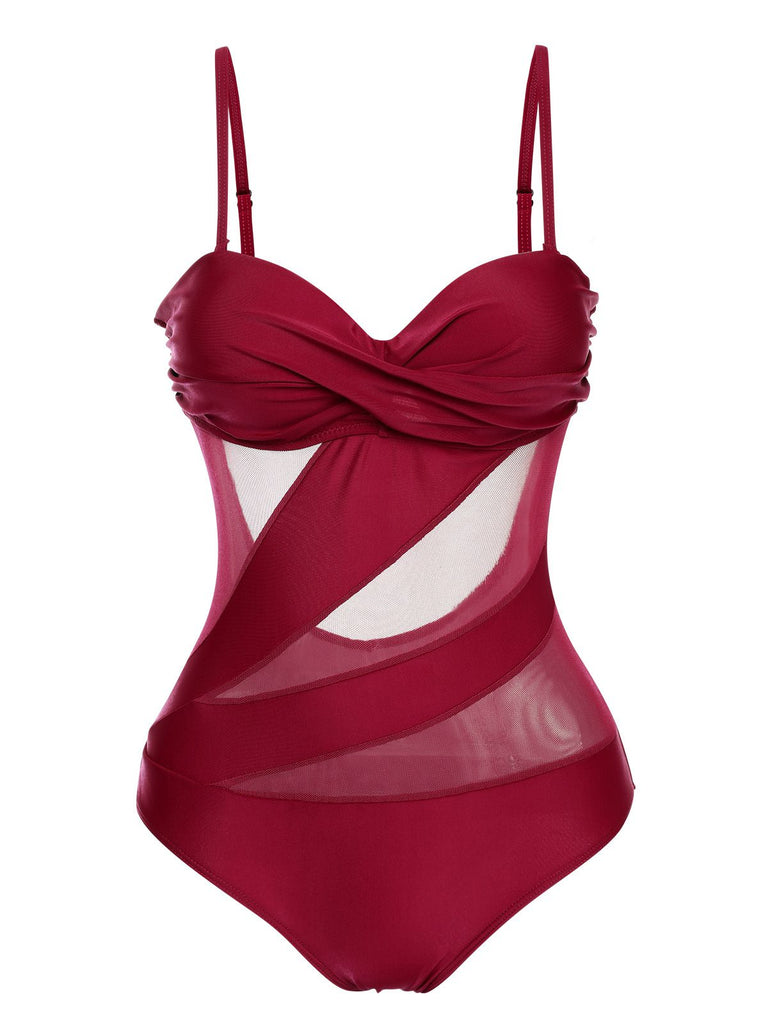 1950s Solid Semi-Sheer Back Tie Swimsuit, vintage swimsuit, pin-up swimwear - perfect for women who love vintage and retro fashion