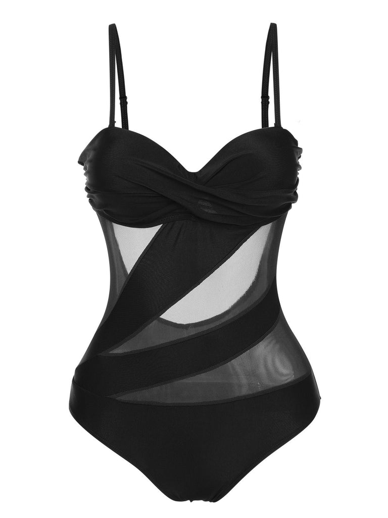 1950s Solid Semi-Sheer Back Tie Swimsuit, vintage swimsuit, pin-up swimwear - perfect for women who love vintage and retro fashion