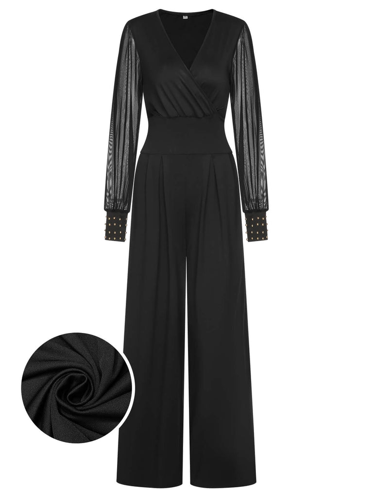 1950s Solid Sheer Sleeves V-Neck Jumpsuit, vintage romper, retro jumpsuit - perfect for women who love vintage and retro fashion