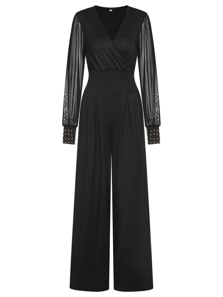 1950s Solid Sheer Sleeves V-Neck Jumpsuit, vintage romper, retro jumpsuit - perfect for women who love vintage and retro fashion