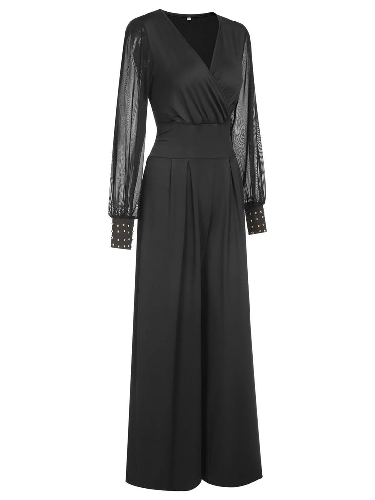 1950s Solid Sheer Sleeves V-Neck Jumpsuit, vintage romper, retro jumpsuit - perfect for women who love vintage and retro fashion