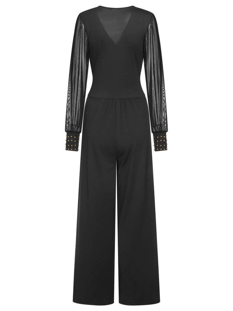1950s Solid Sheer Sleeves V-Neck Jumpsuit, vintage romper, retro jumpsuit - perfect for women who love vintage and retro fashion