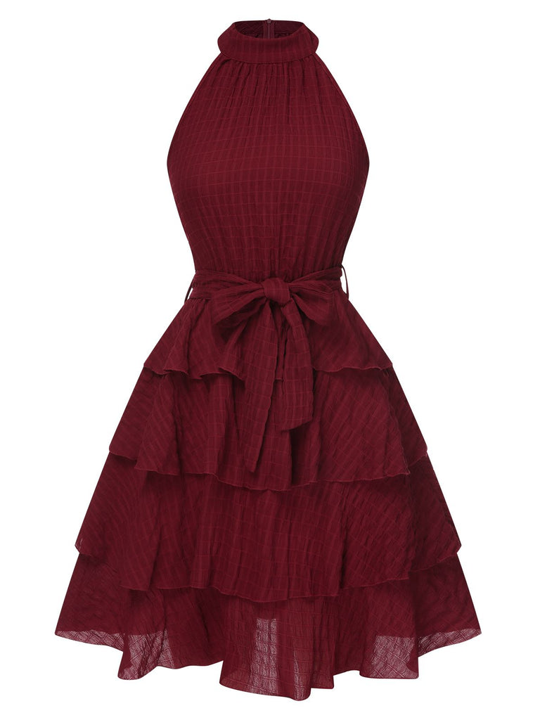Vintage Women‘s Burgundy Mock Neck Layered Ruffle Dress Vintage Women‘s Burgundy Mock Neck Layered Ruffle Dress
