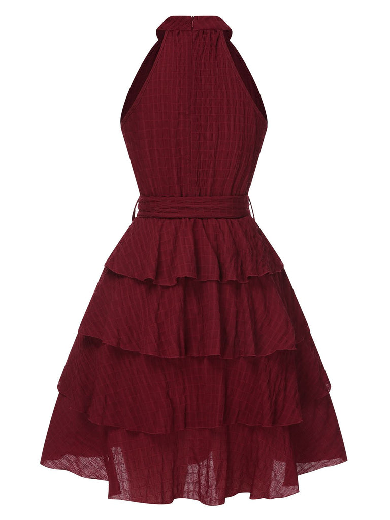Vintage Women‘s Burgundy Mock Neck Layered Ruffle Dress