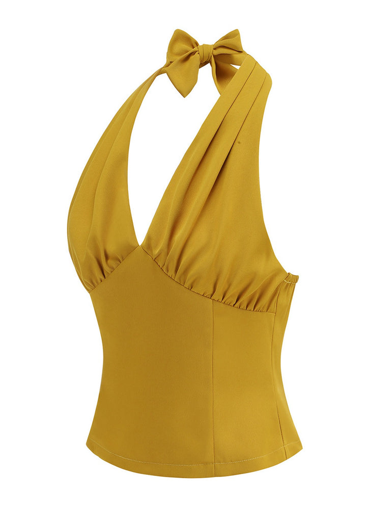 1950s Solid Sleeveless Halter Ruched Top - vintage fashion, retro style