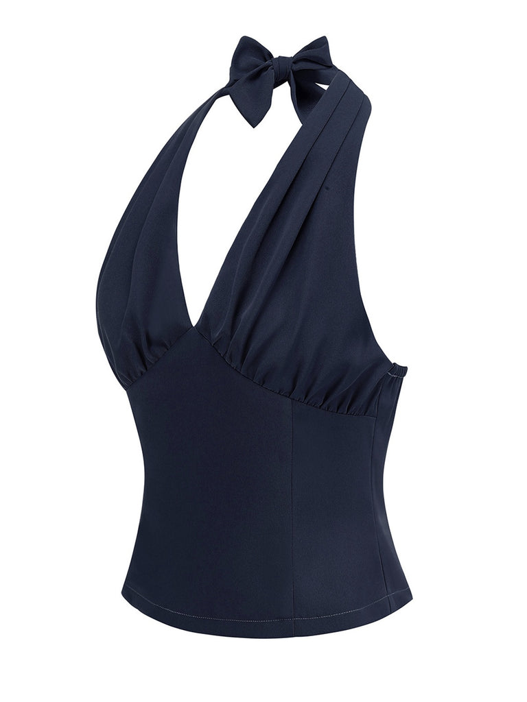 1950s Solid Sleeveless Halter Ruched Top - vintage fashion, retro style